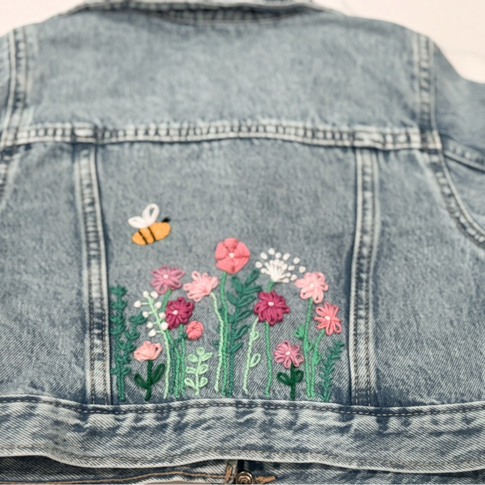 Hand-Embroidered Kid’s Denim Jacket with Floral Design